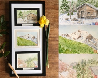 Mont Blanc mountain watercolor triptych. Postcard format. Hand painted