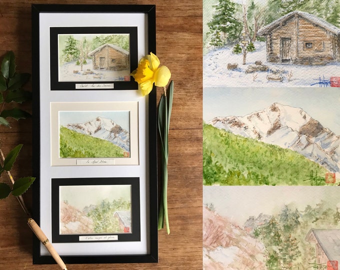 Aquarelles de montagne le Mont Blanc encadrée en triptyque. Peinte à la main