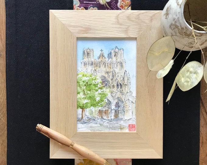 aquarelle format carte postale, Cathédrale de Reims. Tableau peint à la main.