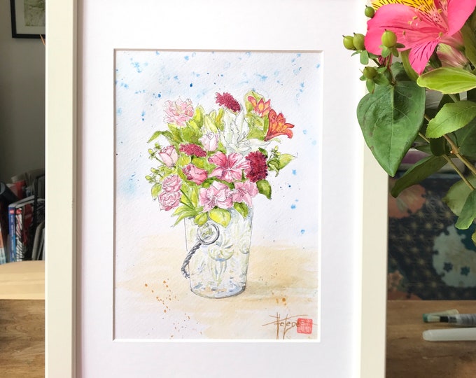 bouquet de fleurs roses et lys a l’aquarelle. Tableau peint à la main encadré.