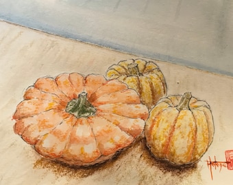 Aquarelles originales, les potirons et citrouille. Tableau peint à la main
