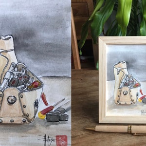 Aquarelle caisse à outil. tableau original peint à la main Format carte postale.