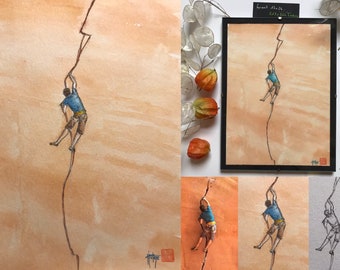 Grimpeur en fissure à l’aquarelle. Tableau mural encadré peint à la main.
