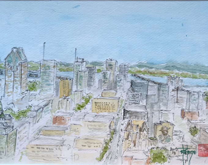 Aquarelle vue de Montréal, du Mont royal. Tableau Original peint à la main.