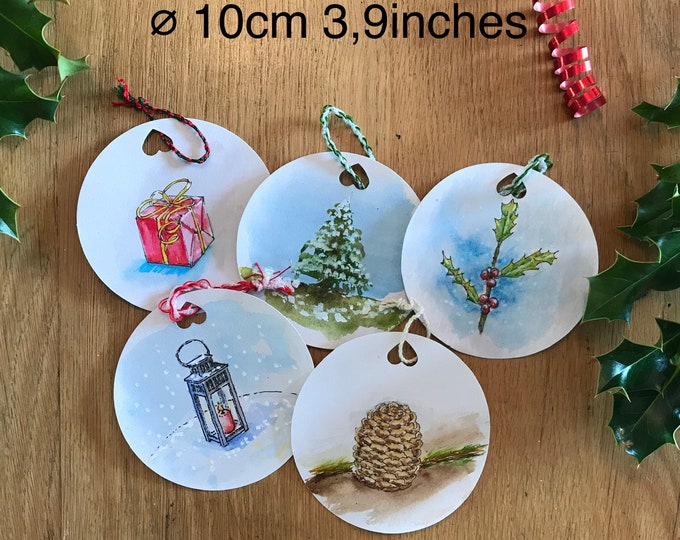 Kit décoration de Noël, aquarelle et cartes peintes à la main.