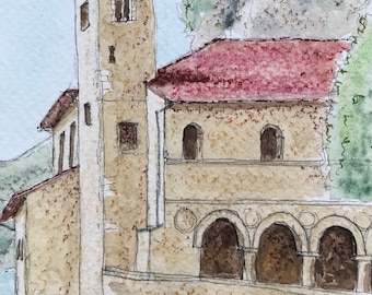 Eglise Santa Caterina del sasso Italie à l’aquarelle. Lombardie Italie. Tableau peint à la main format carte postale.
