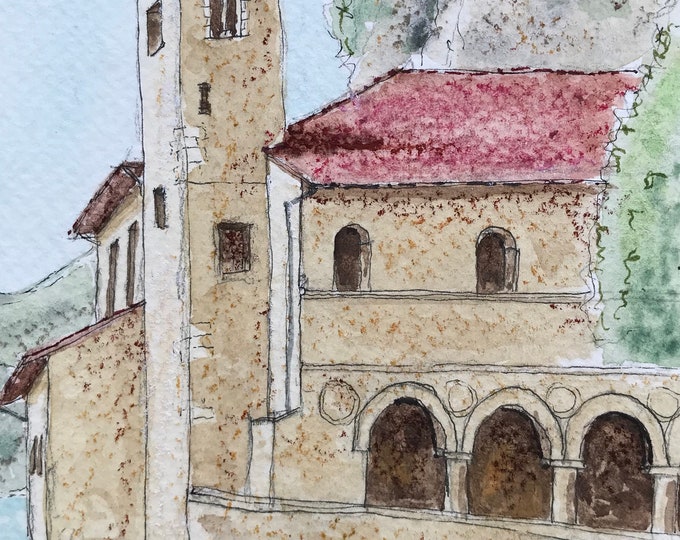 Eglise Santa Caterina del sasso Italie à l’aquarelle. Lombardie Italie. Tableau peint à la main format carte postale.