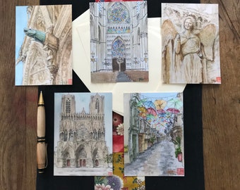 Lot de 5 Cartes postales cathédrale de Reims et Laon,  imprimées d'après mes aquarelles, signées.