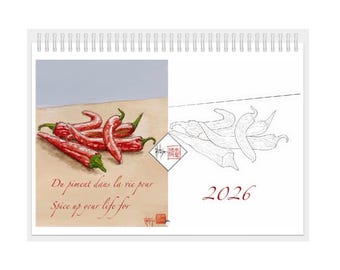 Calendrier mural 2026 avec modèles à colorier, issue de mes aquarelles. Organisateur et ludique