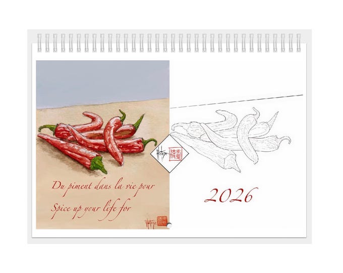 Calendrier mural 2026 avec modèles à colorier, issue de mes aquarelles. Organisateur et ludique