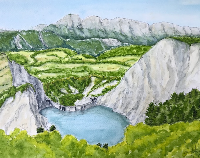 Montagne des alpes barrage de Monreynard- à l’aquarelle. Tableau original peint à main.