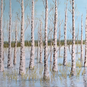 May include: A painting of a flooded forest with white birch trees standing in the water. The water is a light blue color and the trees have a white bark with black markings. The sky is a light blue color.