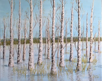 Peinture à l’huile bouleaux Marais de Courmelois. Tableau mural sur toile chassis original peint à la main format 12F.