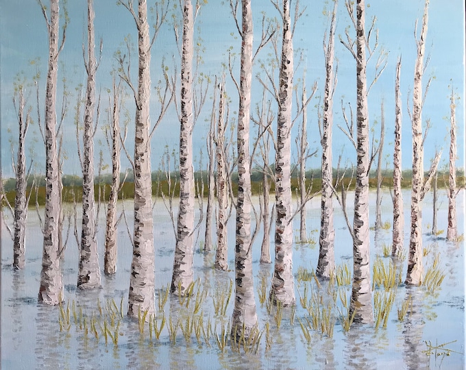 Peinture à l’huile bouleaux Marais de Courmelois. Tableau mural sur toile chassis original peint à la main format 12F.
