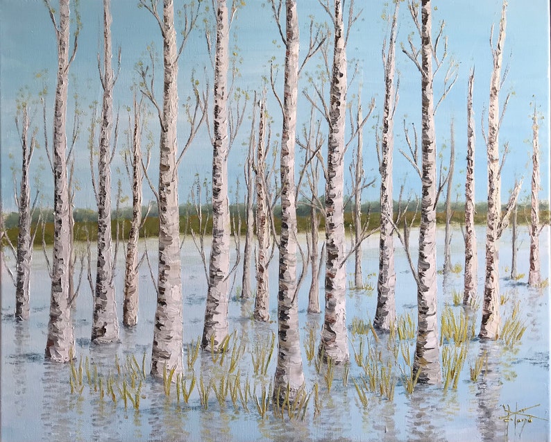 May include: A painting of a flooded forest with white birch trees standing in the water. The water is a light blue color and the trees have a white bark with black markings. The sky is a light blue color.
