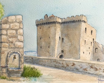 Watercolor Fortress of Saint-Honorat Canne Provence. Original hand-painted painting.
