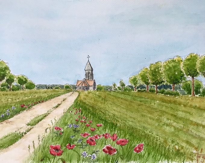 Aquarelle A4 Eglise de Paissy village de France. Tableau original peint à la main. cadre 30x40Cm
