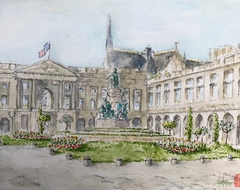 Watercolor, Place Royale Reims, original hand painted, watercolor format A5