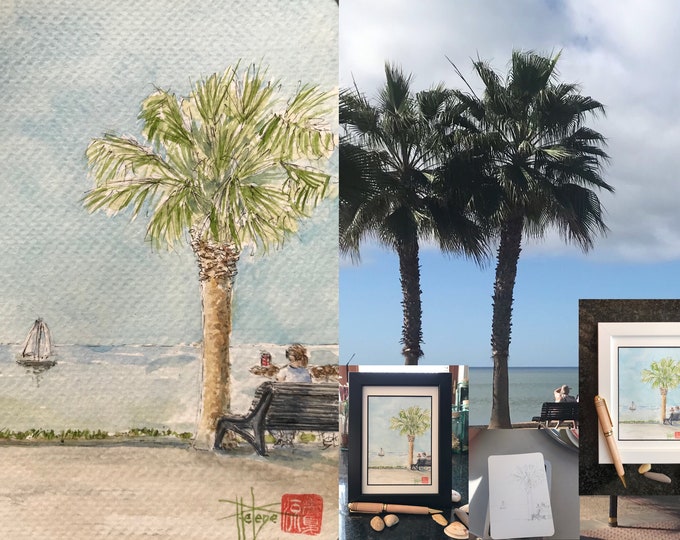 Watercolour, sea and palm tree in Portugal, postcard format. Framed watercolor painting.