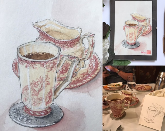 Tableau vaisselle anglaise. Aquarelle peinte à la main encadrée.