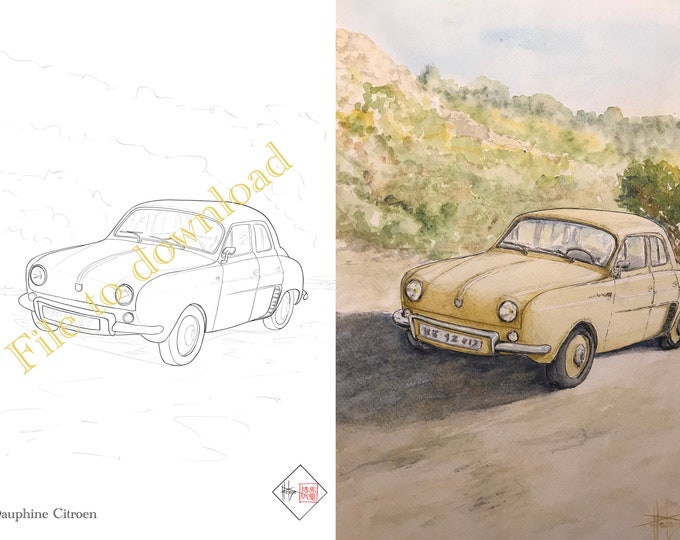 Dessin numérique d’un Dauphine Renault à colorier