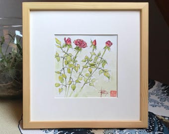roses rouges à l’aquarelle. Fête des mères anniversaire ou saint valentin. Tableau original peint à la main encadré