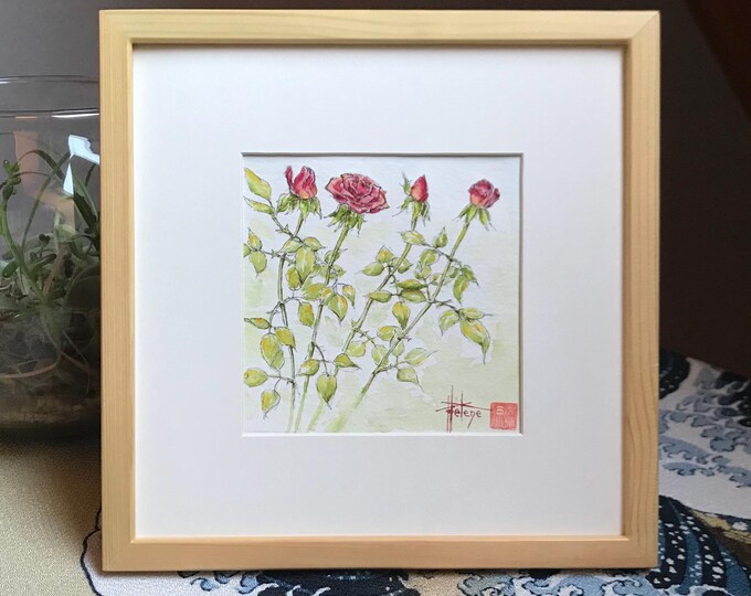 roses rouges à l’aquarelle. Fête des mères anniversaire ou saint valentin. Tableau original peint à la main encadré
