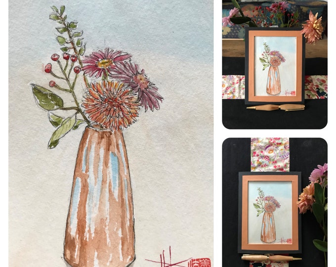 original watercolor, the bouquet. Hand-painted floral painting, postcard format.