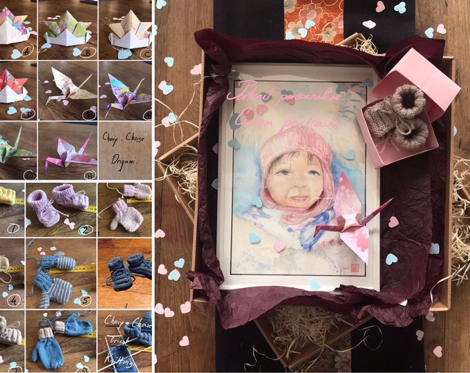 Personalized Birth Box. watercolor portrait on request and knitting birth and origami. For baby swower birth gift.