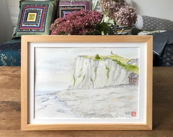 Plage de  Mer les bains mer du nord France à l’aquarelle. Tableau encadré peint à la main