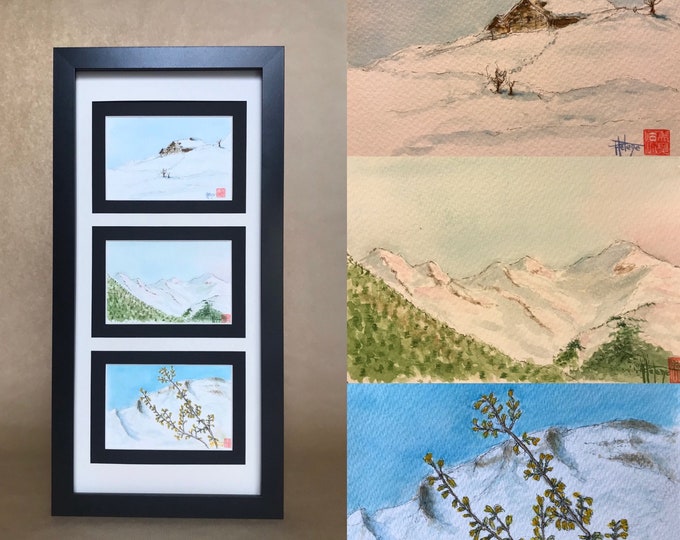 Vendu. Triptyque d'aquarelles originales sur les alpes en hivers. Manigod France, Quatre formats cartes postales peintes à la main.