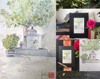 fontaine provençale a l’aquarelle. Tableau mural original peint à la main encadré