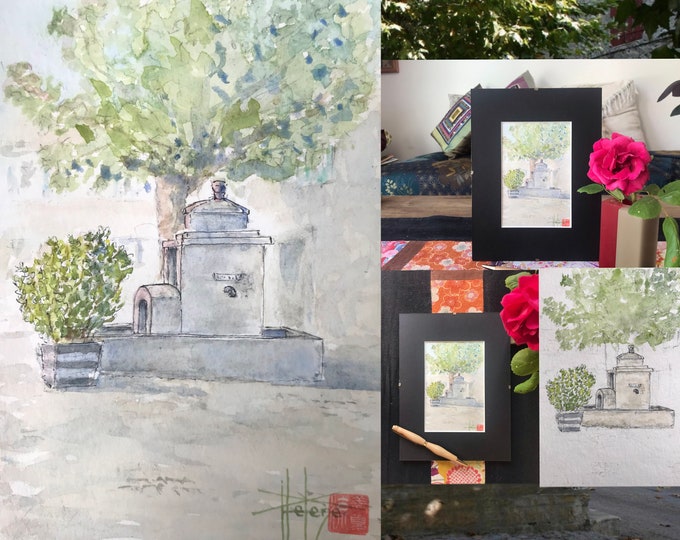 Provencal fountain watercolor. Original hand-painted wall painting