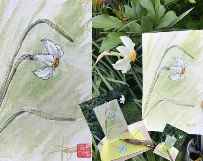 Carte florale peinte à la main. Aquarelle, Narcisse.