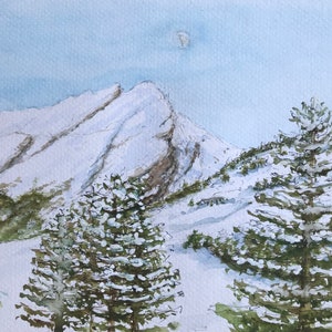 Watercolor snowy mountains, Alps. Hand painted wall picture.