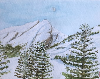 montagnes enneigées Alpes à l’aquarelle. Tableau mural peint  à la main.