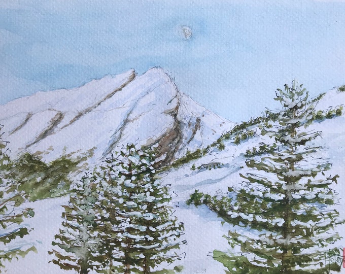 Aquarelle montagnes enneigées, Alpes. Tableau mural peint  à la main.