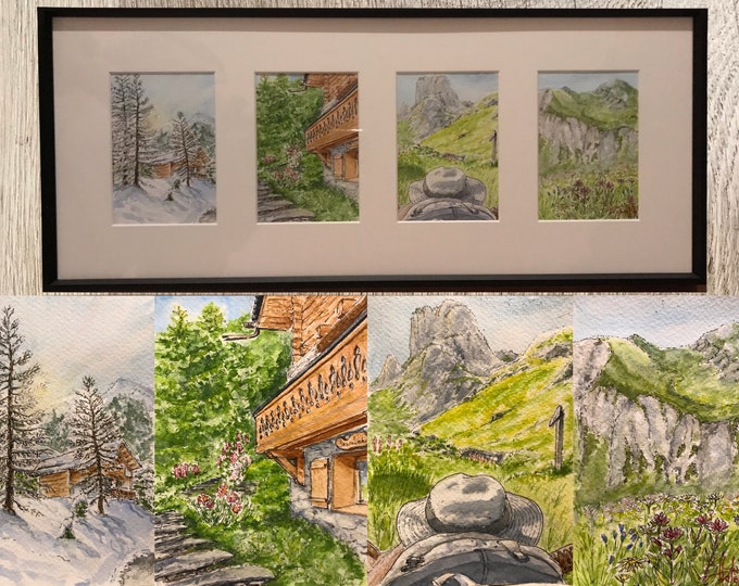 Aquarelles sur mesure encadrées peintes à la main. Pour cadeau fête des mères des pères, naissance anniversaire.