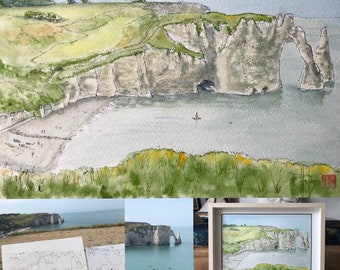 Watercolor cliff Étretat. Original hand-painted painting in A4 format frame.