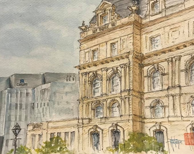 Aquarelle format A5, la mairie de Montréal.  Originale peinte à la main