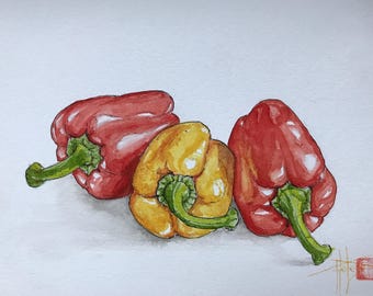 Les poivrons à l’aquarelle . Tableau peint à la main mural ou à poser