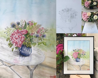 bouquet roses hortensia chardons à l’aquarelle . Tableau peint à la main encadré