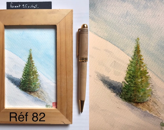 Aquarelle originale, sapin dans la neige, tableau peint à la main, format carte postale.