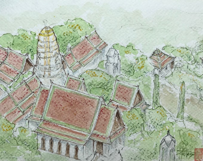 Aquarelle originale Temple Bangkok. Tableau Peint à la main