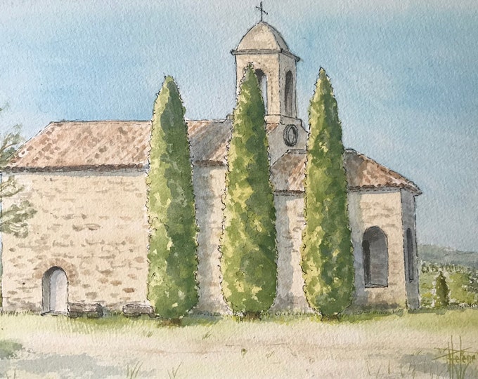 Watercolor chapel St Agnès in Provence. Framed hand painted painting.