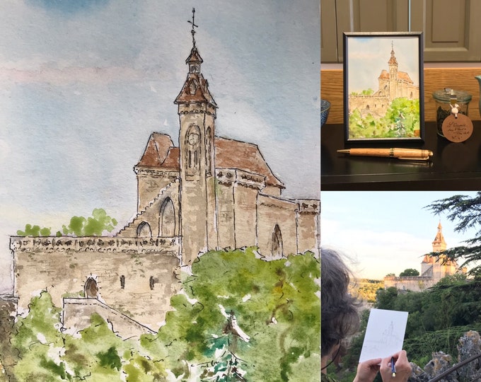 Aquarelle originale "de la Basilique Saint Sauveur de Rocamadour", peinte à la main.