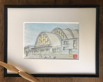 Watercolor Les Halles du Boulingrin Reims France. Framed hand-painted painting.