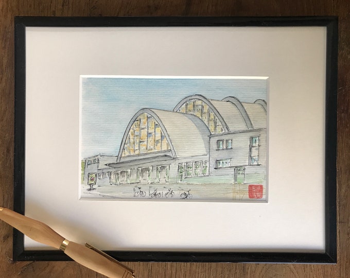 Aquarelle peinte à la main Les Halles du Boulingrin Reims France.Tableau original encadré.