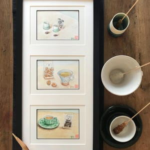 Aquarelles format carte postale, pauses café et thé. Tableau original peint à la main.