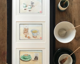 tasses de  café et thé à l’aquarelle Tableau triptyque original peint à la main.